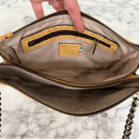 MAXON COLLECTION PEBBLED LEATHER MUSTARD YELLOW ASYMMETRIC FLAP CROSSBODY BAG - Picture 10 of 15